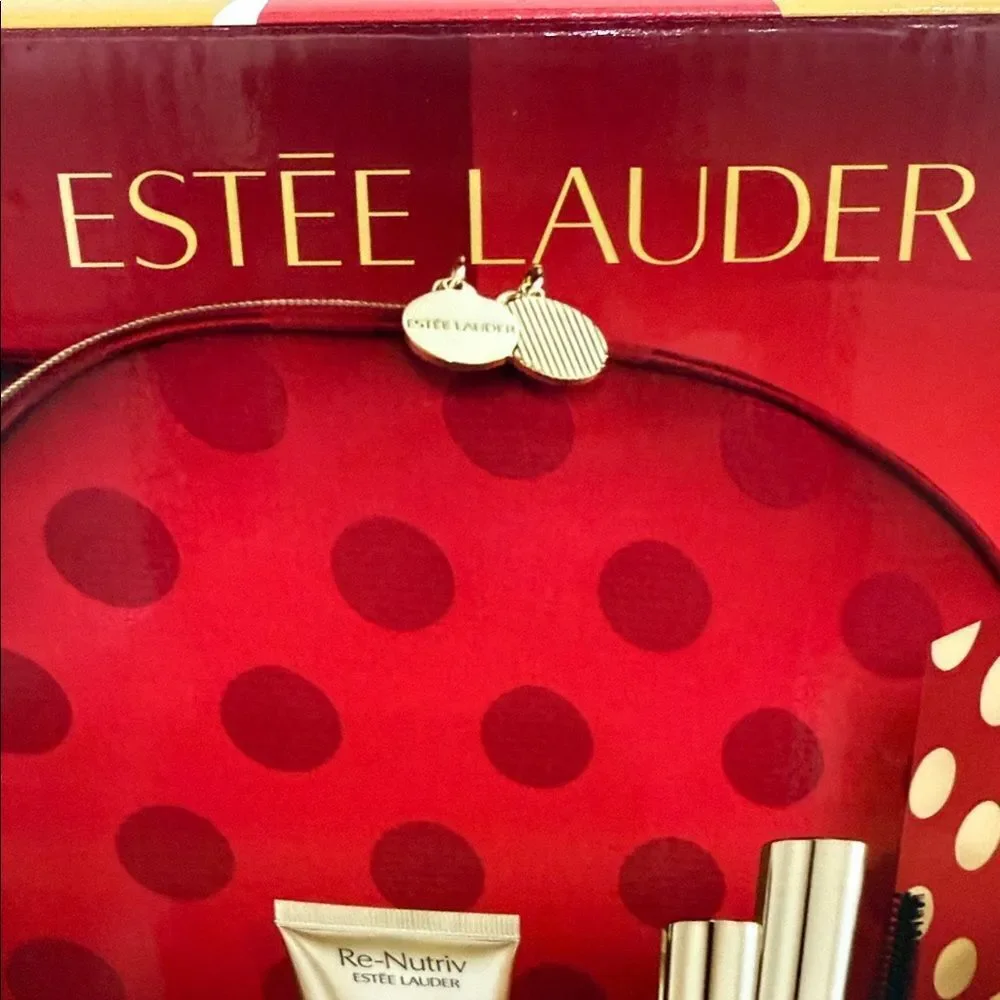 Estee Lauder Vibrant Red Dot Gold Hardware Cosmetic Makeup Travel Storage Bag